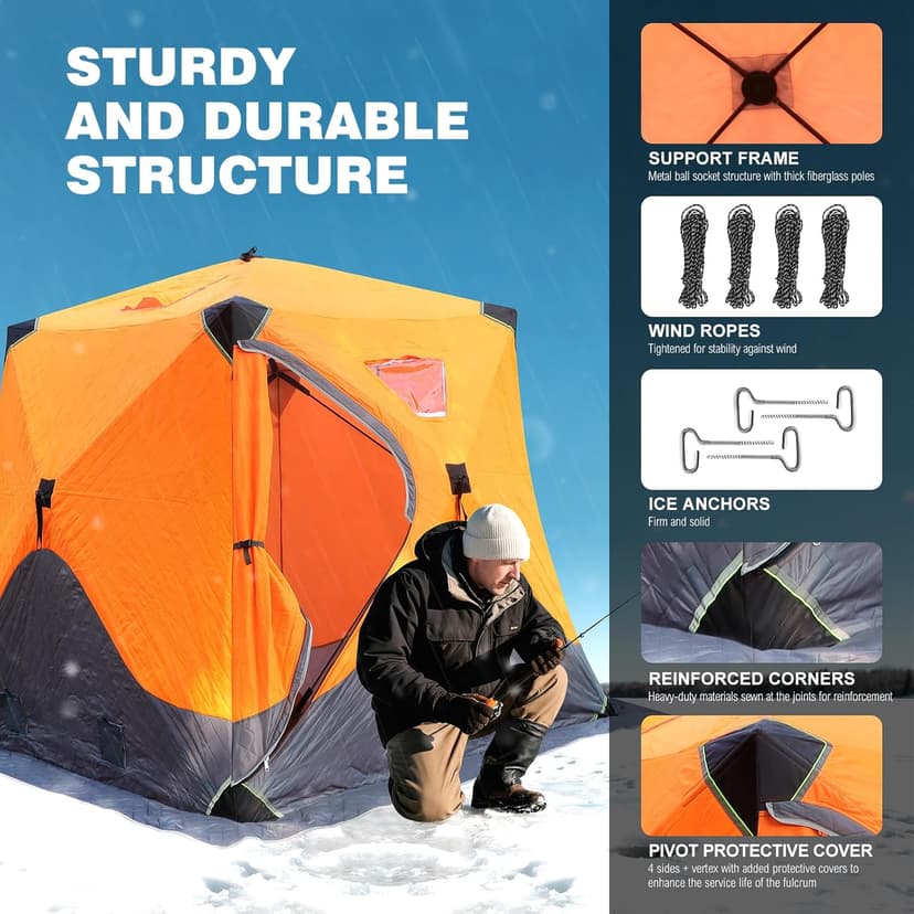 ABXMAS Ice Fishing Shelter 3-4 Person, Portable Insulated Ice Fishing Tent with Stove Jack, Hub-Style Shelter Shanty Waterproof 600D Insulated Layer 2 Doors 2 Windows for Winter