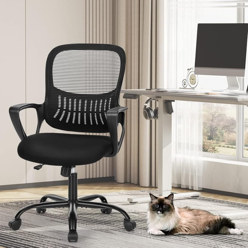 Sweetcrispy Home Office Managerial Executive Chair with Ergonomic Design, Mid-Back Mesh Swivel, Comfortable Lumbar Support, Comfy Arms for Bedroom,Study,Student, Black