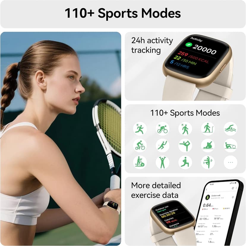 Smart Watch with Alexa Built-in, 1.83" HD Touchscreen Fitness Tracker with Bluetooth Calling, Fitness Watch with Heart Rate/Sleep Monitor/120+ Sports, IP68 Waterproof Smartwatch for Android iOS, Cream