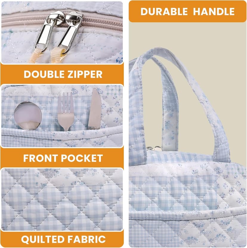 WOBAGMEN Quilted Lunch Box for Women,Lunch Box for Teen Girls,Cute Floral Lunch Bags for Work, School,Office,Picnic,Travel (green blue pin)