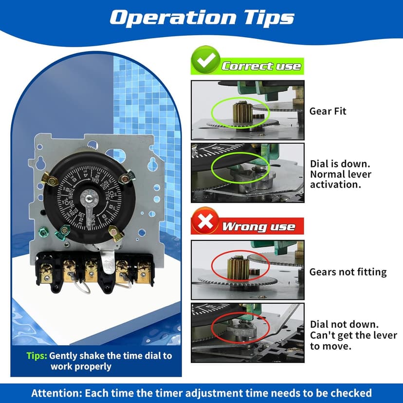 T104M Mechanical Time Switch Mechanism Only, 208-277 VAC DPST 5HP 40A Time Switch, Heavy Duty Electromechanical Timer, 24 Hour 12 ON/Off for Pool Pump HVAC Fans Water Heater Lights