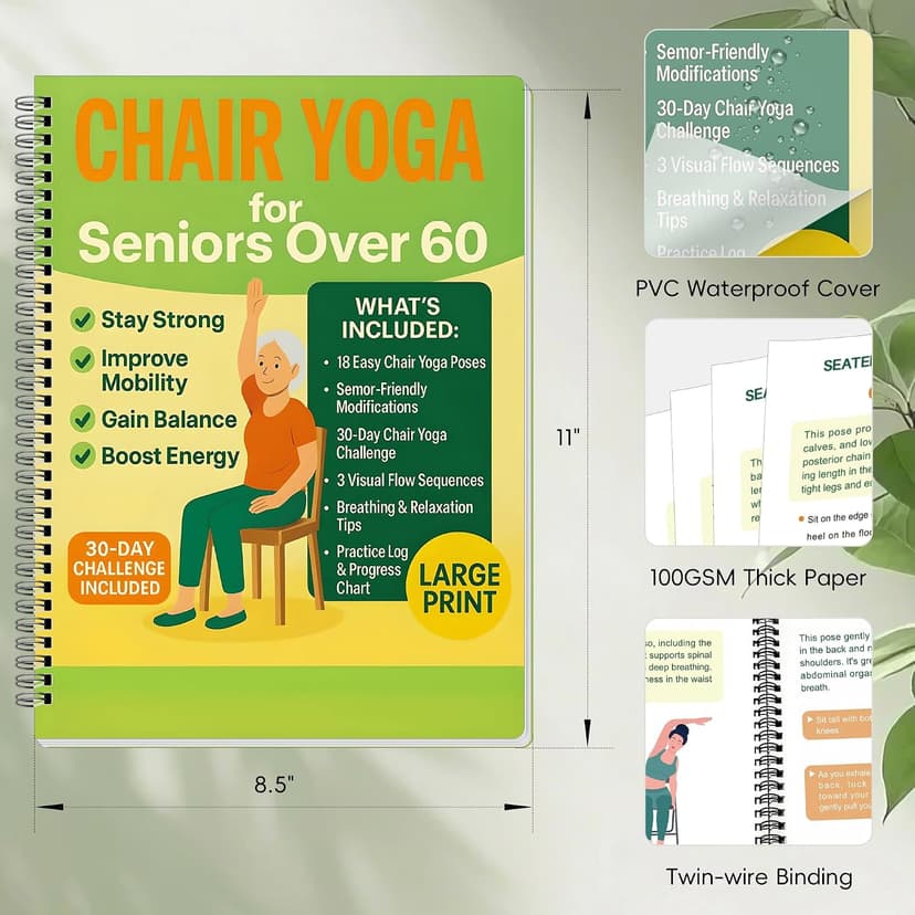 Chair Yoga for Seniors Over 60 Book & Chart – 30-Day Challenge, Gentle Seated Yoga Guide, Chair Yoga for Weight Loss & Flexibility, Senior Chair Exercises for Women & Men, 8.5x11" Book on Chair Yoga B0FPMT82TX