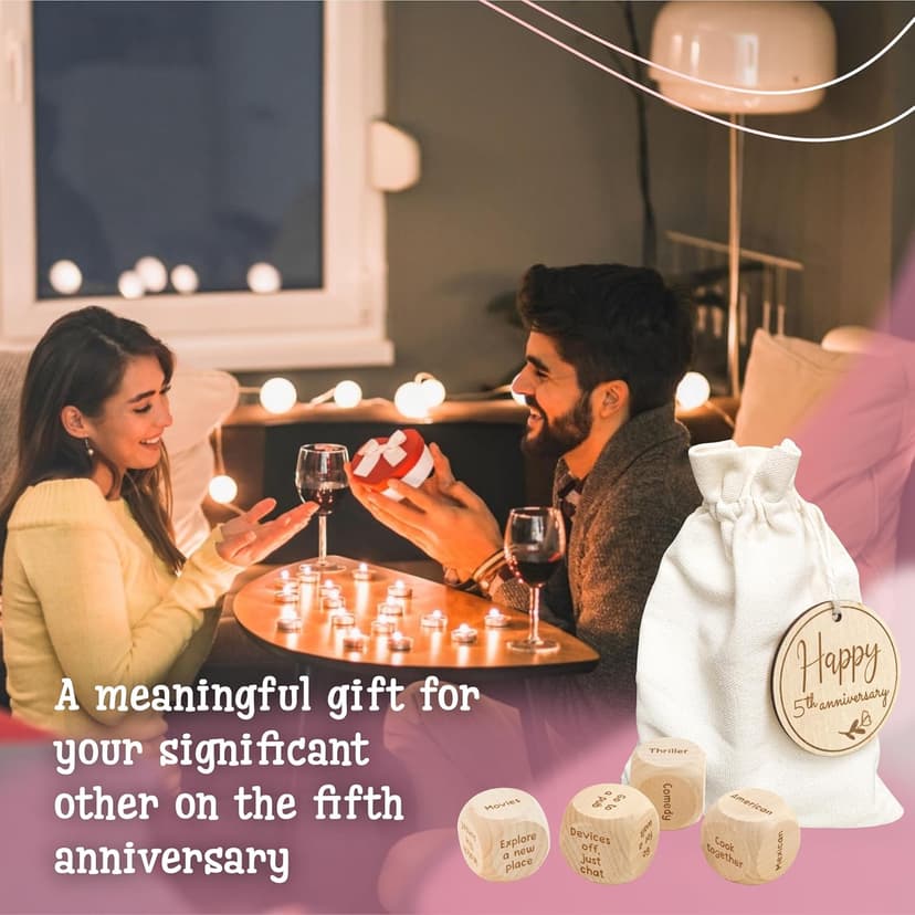 5 Year Anniversary Wood Gift for Him Her - 5th Anniversary Wedding Gifts for Wife Husband, Five Years of Marriage Date Ideas, Wooden Game Date Night Dice for Couples