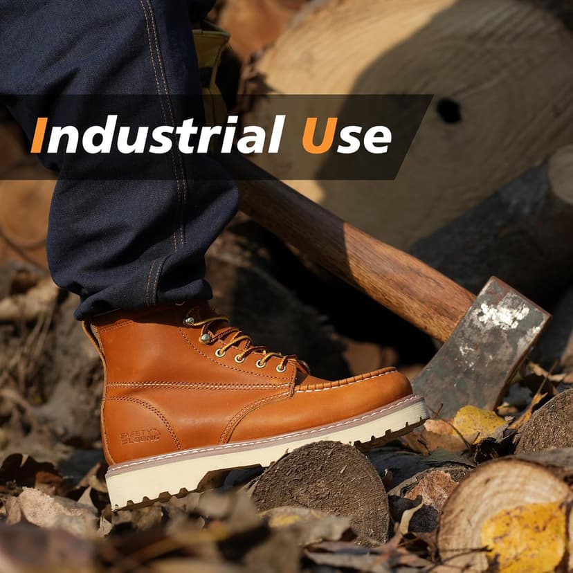 SAFETY LOONG Moc Toe Work Boots for Men Soft Toe Comfortable Full-Grain Leather 6" Non Slip and Water Resistant Safety Ankle Workboots