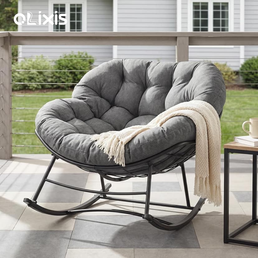 OLIXIS Outdoor Rocking Chair with 5.5" Thick Cushion, Oversized Egg Lounge Chair with Water-Repellent & UV-Resistant Fabric, 450 Lbs Heavy Duty for Patio, Living Room, Garden, Bedroom, Gray