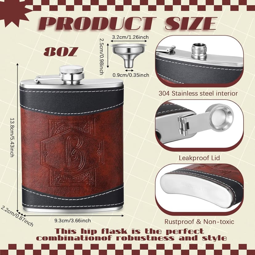 Hip Flask with Funnel, Groomsmen Wedding Birthday Gift Occasions, Custom Whiskey Alcohol Bottle for Dad Grandpa Liquor Baderke Leather 8 oz Flask for Men Groomsmen Gift, Black, Brown, Letter B B0CTTMJWGT