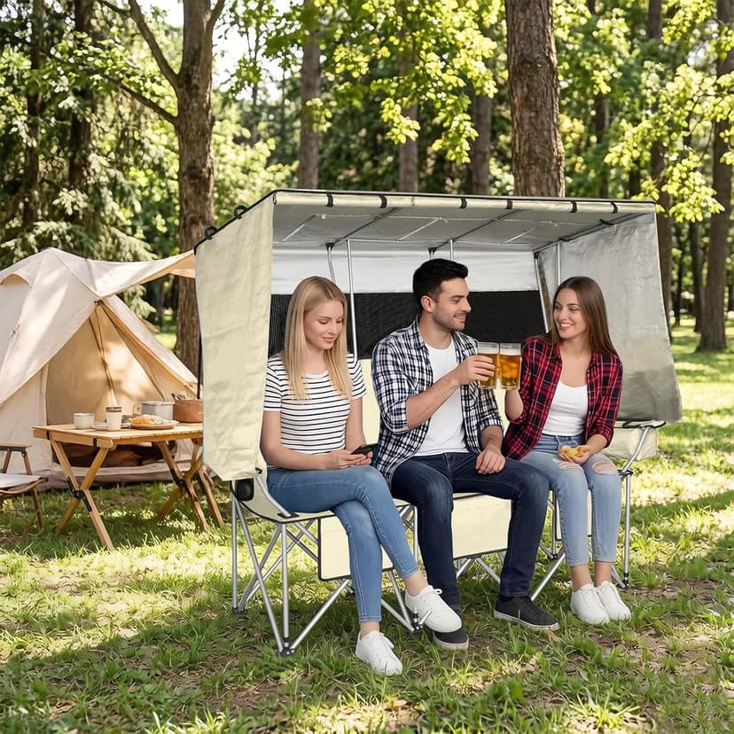 BDL 3 Person Camping Chair with Canopy Shade, Oversized Heavy Duty Camping Chair with Cup Holders & Ice Bag Portable Family Folding Chair for Outdoor, Lawn & Sports,White