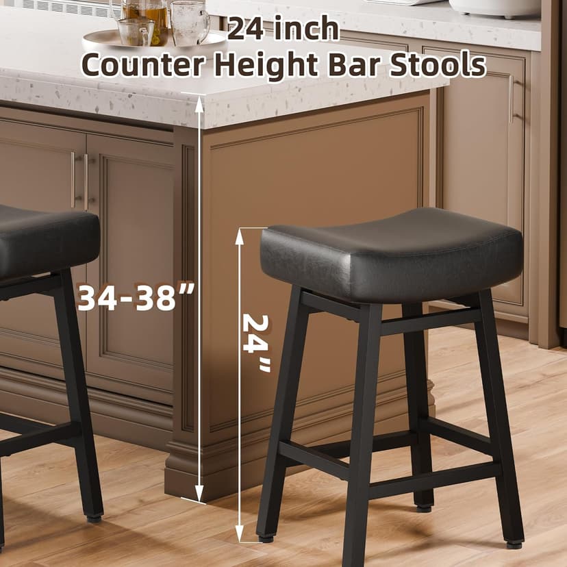 Counter Height Bar Stools Set of 2, 24 Inch Backless BarStools for Kitchen Island Leather Saddle Bar Chairs Kitchen Stools with 4" Thick Seats & Heavy Duty Metal Base, Black