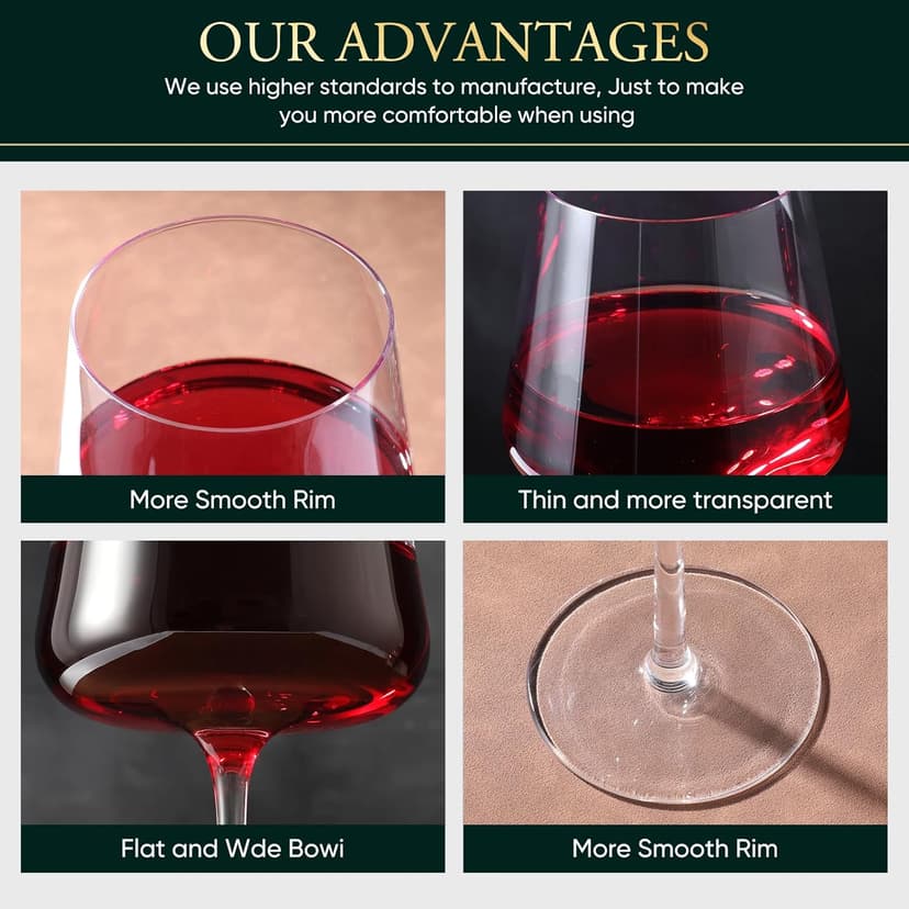 Red wine glasses 19oz Hand Blown Premium Crystal White square wine glass set of 4 Unique Large Wine Glasses Long Stem for men or women Wedding, Anniversary, Christmas Gift Box Give away gifts