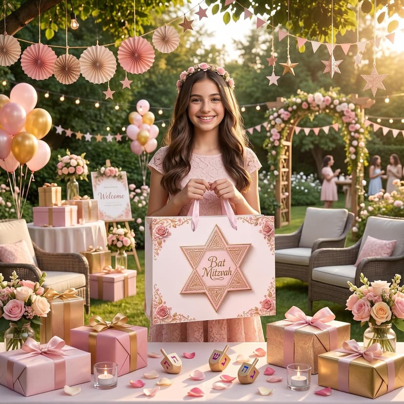 Bat Mitzvah Gift Bag Set Pink Rose Gold Star of David Paper Wrapping Bag with Ribbon Handles Tissue Paper Greeting Card All In One for Jewish Coming of Age Party Favor Celebration Decoration Supplies B0H5QYF944