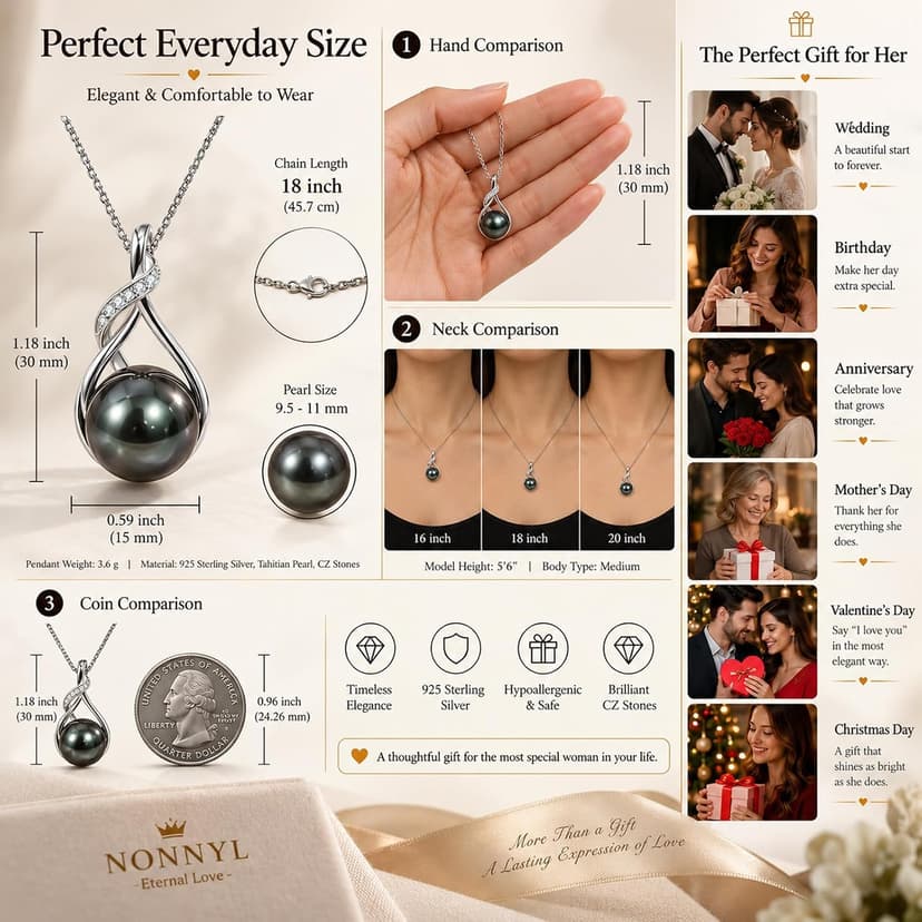 Gifts for Women Wife-Tahitian-Black-Pearl-Necklace-Gift for Wife Wedding Birthday Anniversary Jewelry-Mom Girlfriend Her Mothers Day Gifts for Mom Women Valentines Christmas Day