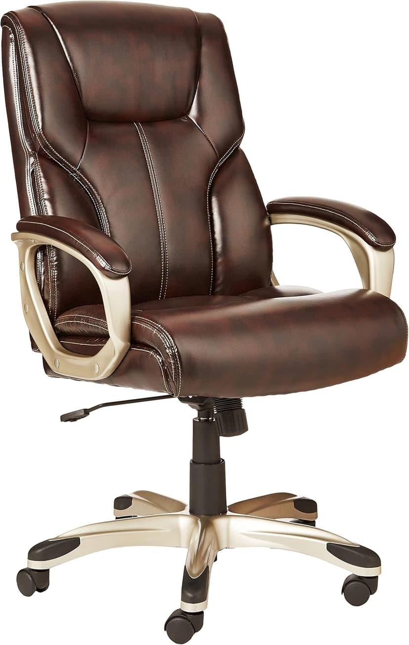 Amazon Basics Executive High Back Office Chair, Adjustable Height, Tilt, Swivel, Padded Armrests, Brown/Gold