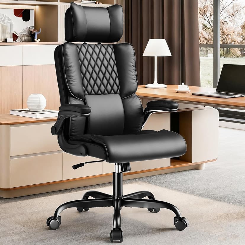 Sytas Ergonomic Office Chair with Adjustable Headrest, Executive Leather Desk Chair with Upgraded Lumbar Support for Lower Back Pain Relief, Thickened Backrest Computer Chair for Home Office, Black