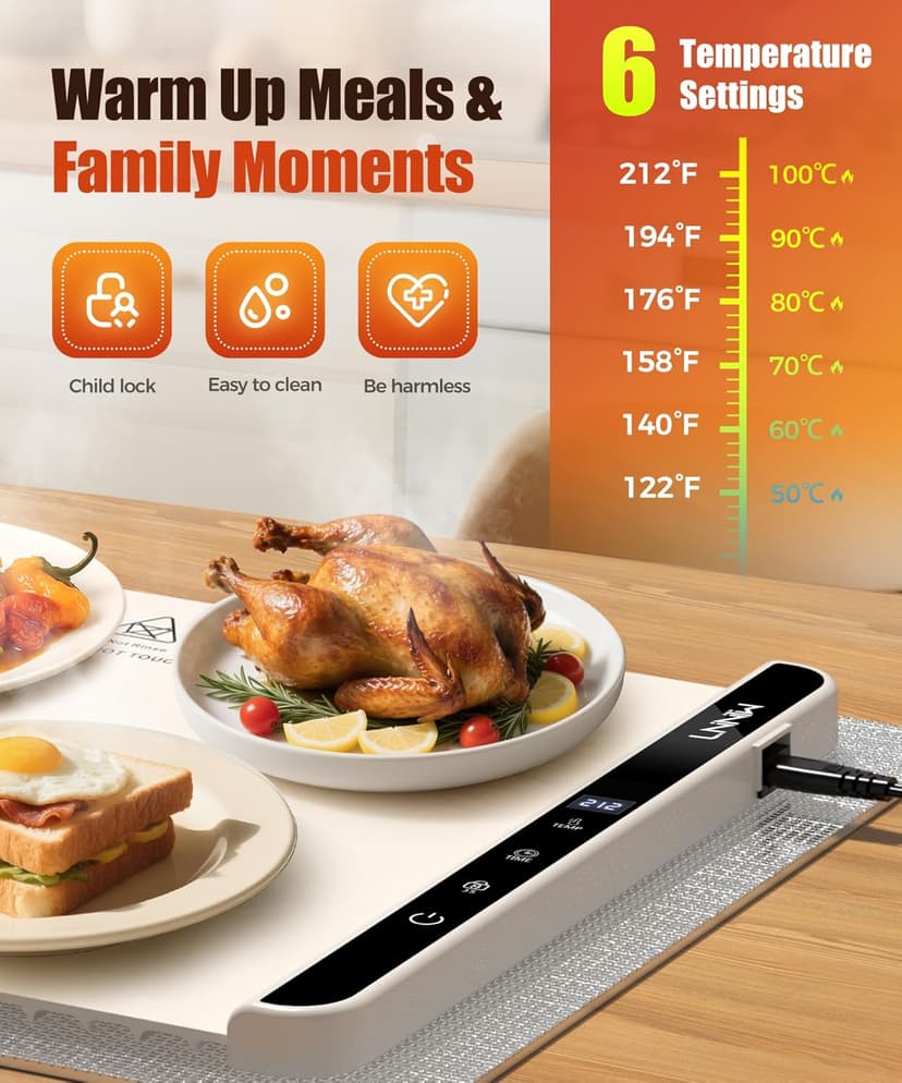 Includes heat-resistant pad. Perfect for chafing dishes, buffet & parties. Easy to clean & store. 6 settings, timer & lock. Warming Mat for Food, 26x15 Inch, Off White, Fast Heat, Child Lock B0FG7RQXJ9