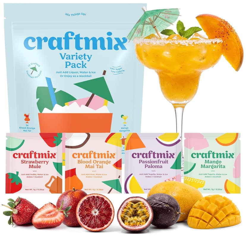Craftmix Variety Pack, Makes 12 Drinks, Skinny Cocktail Mixers, Mocktails Non-Alcoholic Drinks - Made With Real Fruit - Vegan Low-Carb, Low-Sugar, Non-GMO, Dairy Free, Gluten Free, Easy to Mix