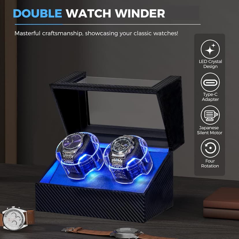 ANWBROAD ANWBROAD Watch Winder for Automatic Watches, Double Automatic Watch Winder Box with Quiet Japanese Motor, 4 Modes Dual Watch Winder wIth LED Light, Type-C Adapter, UJWW016C