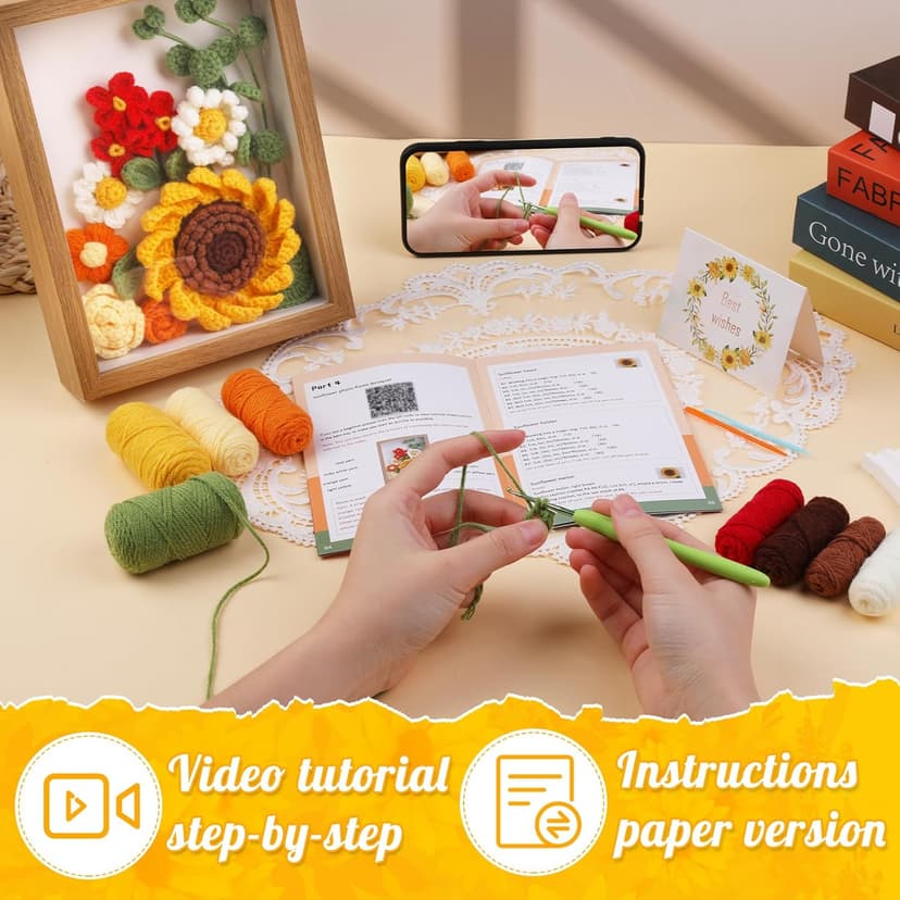 IMZAY Sunflower Crochet Kit with Photo Frame, Sunflower Knitting Weaving Set with Yarn, Hooks, Instruction, Stitching Markers, Fiber Fill, Floral Wire, Crochet Set for Mother's Day, Thanksgiving Day