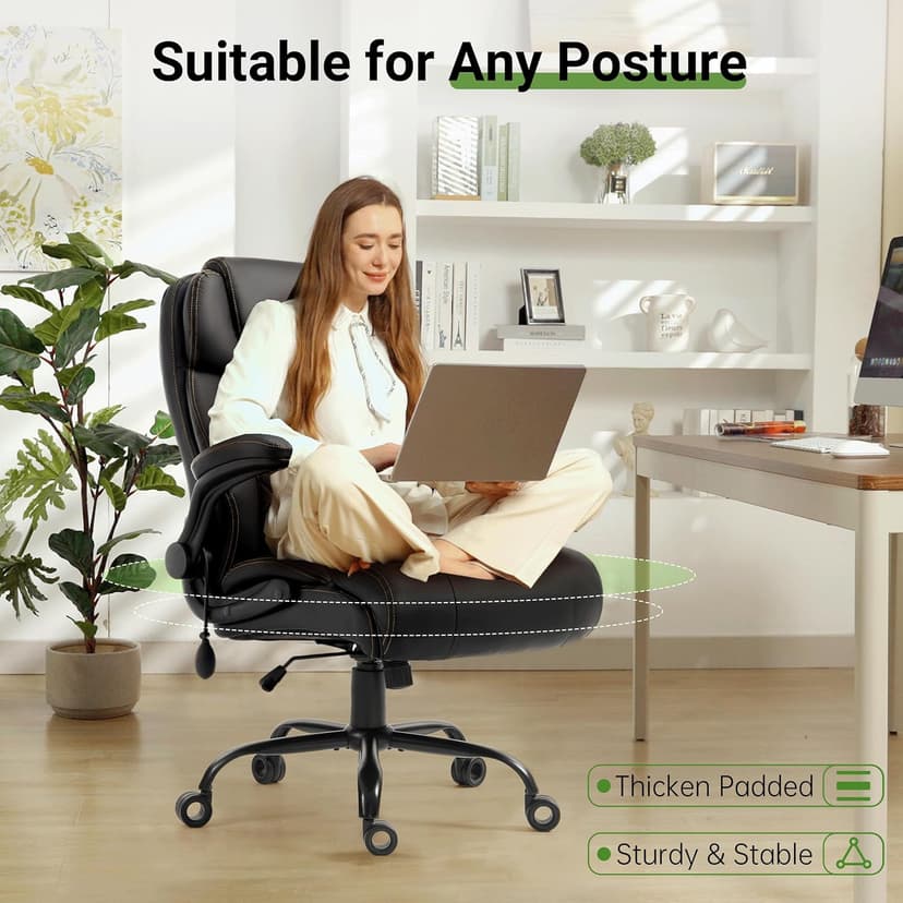 Office Chair, Big and Tall Executive Chairs with Lumbar Support for Back Pain, Breathable Desk Computer Chair with Adjustable Flip-up Armrests, Wide Cushion Swivel Home Office Chair Black PU