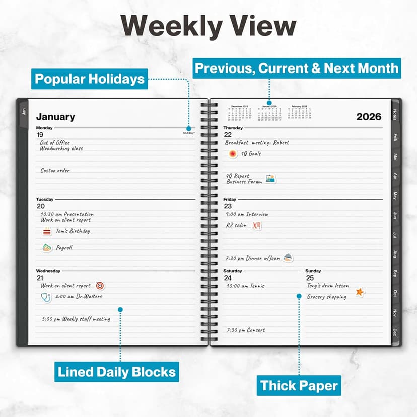 Dunwell 2026 Planner Book 8.5x11, Weekly Monthly Calendar, Jan to Dec, Large Daily Organizer with Laminated Tabs, Bookmark, Notes Section & Stickers