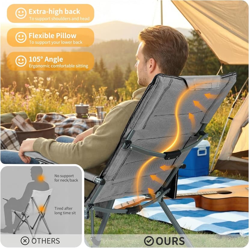 Folding Camping Chair with Cup Holder and Storage Bag, Heavy Duty Support 400 LBS, Oversized Collapsible Portable Adjustable Back Support Camping Chair for Outdoor Lawn Patio Balcony