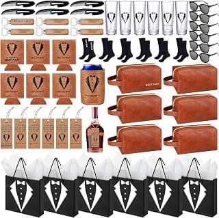 60Pcs Groomsmen Gifts Groomsmen Proposal Box with Shot Glasses Socks Sunglasses PU Leather Toiletry Bag Bottle Opener Can Cooler Groomsman Gifts for Wedding Groomsmen Best Man Gift (60, Brown)