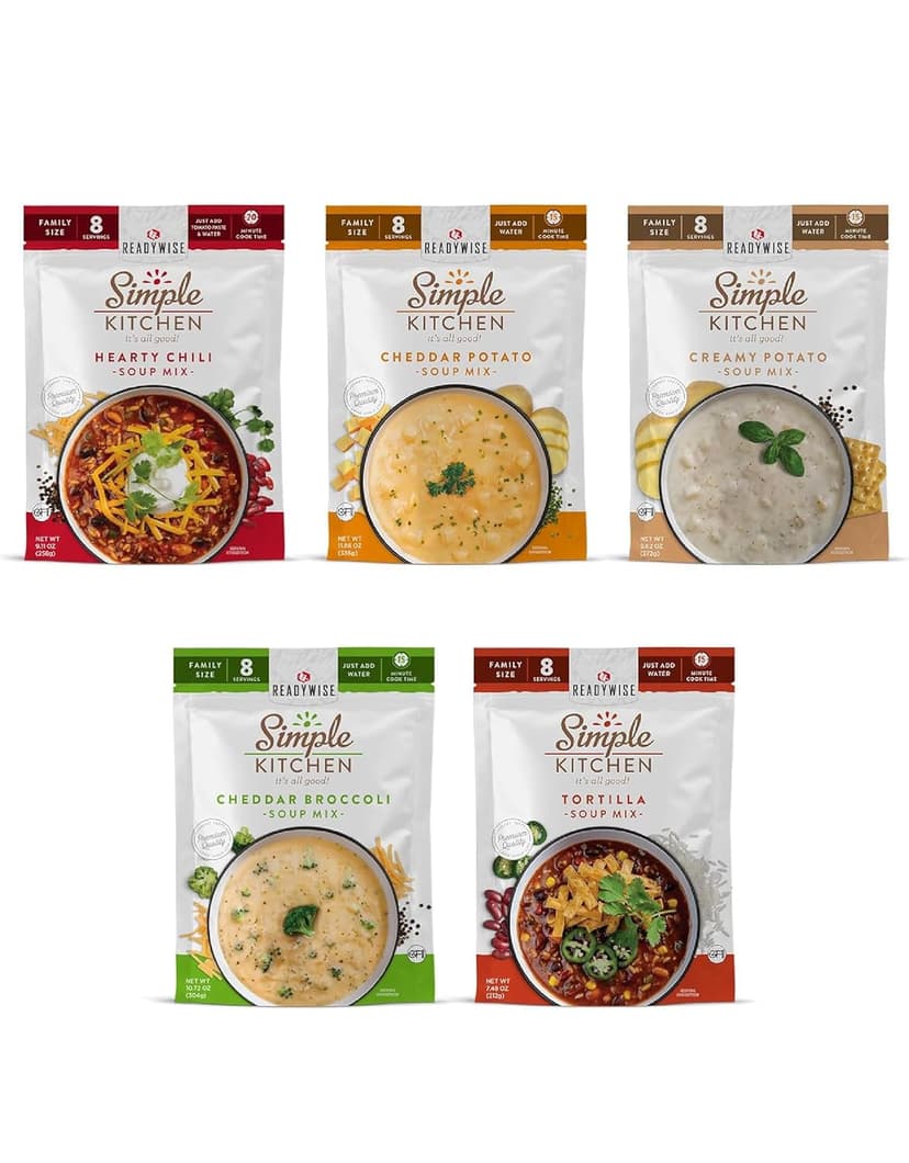READYWISE - Simple Kitchen, Soup Sampler, Variety Pack, 8 Servings Per Pouch, Soup Mix, Family Size, MRE, Gluten Free, Freeze Dried Food, Ready To Eat Meals, Hiking & Backpacking Food, Soup for Family, Pack of 5