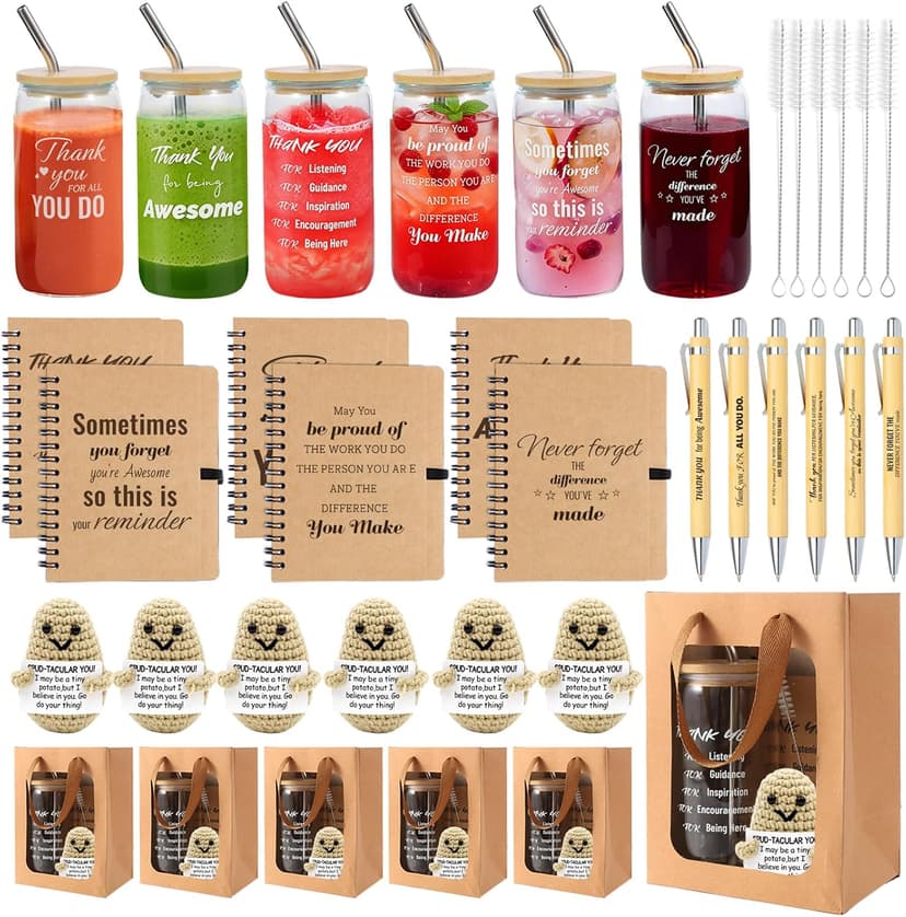 42 Pcs/6 Sets Employee Appreciation Gifts Bulk - Includes 16oz Glass Cups with Bamboo Lid, Positive Crochet, Inspirational Notebooks with Pens, Kraft Paper Gift Bags & Straw - Thank You Gifts for Coworkers, Teachers, Staff & Team B0G5MPS7K6
