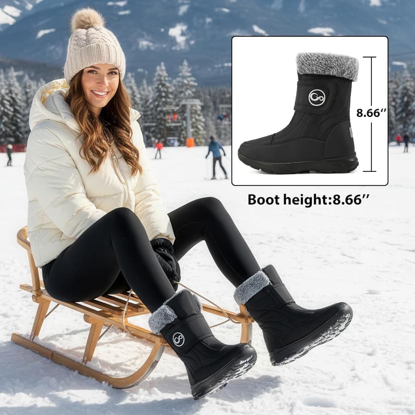 Almusen Snow Boots for Womens Winter Shoes: Warm Fur Lining Mid Calf Boots Women Anti Slip Waterproof Hook Loop Comfortable Outdoor Boot