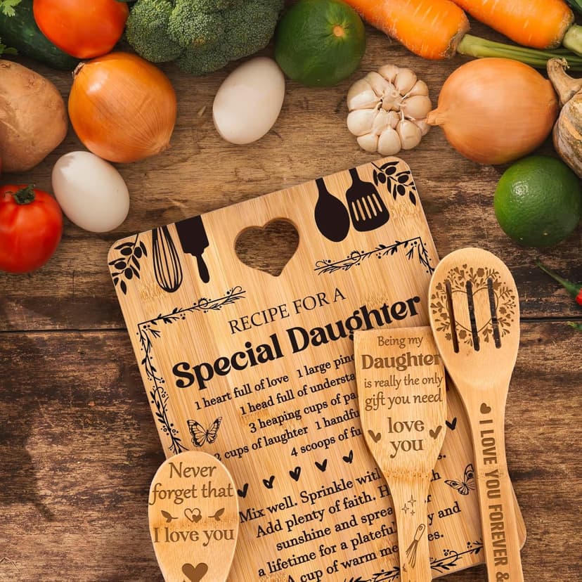 Christmas Gifts for Daughter - "Recipe for a Special Daughter" Daughter Birthday Gifts Cutting Board Set, Bamboo-Made Engraved Utensil Set Birthday Gifts for Daughter, Daughter Christmas Gifts