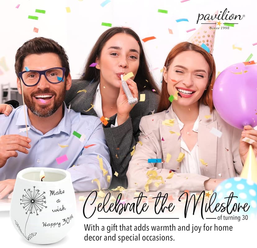 Pavilion - 8 Oz Candle Holder - White Ceramic Candle Jar with 100% Soy Wax Candle Serenity Scent "Make a wish Happy 30th" Ideal Gift for Loved Ones - Printed Text, Love Theme & Oval Shape