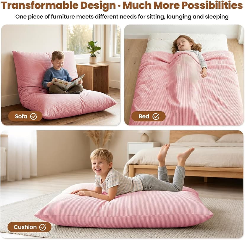 3 in 1 Kids Bean Bag Chair Bed for Kids or Adults, Convertible Chair Folds from Bean Bag Sofa to Lounger, Child Floor Sofa for Gaming, Reading, Floor Mattress with High-Density Foam (Pink)