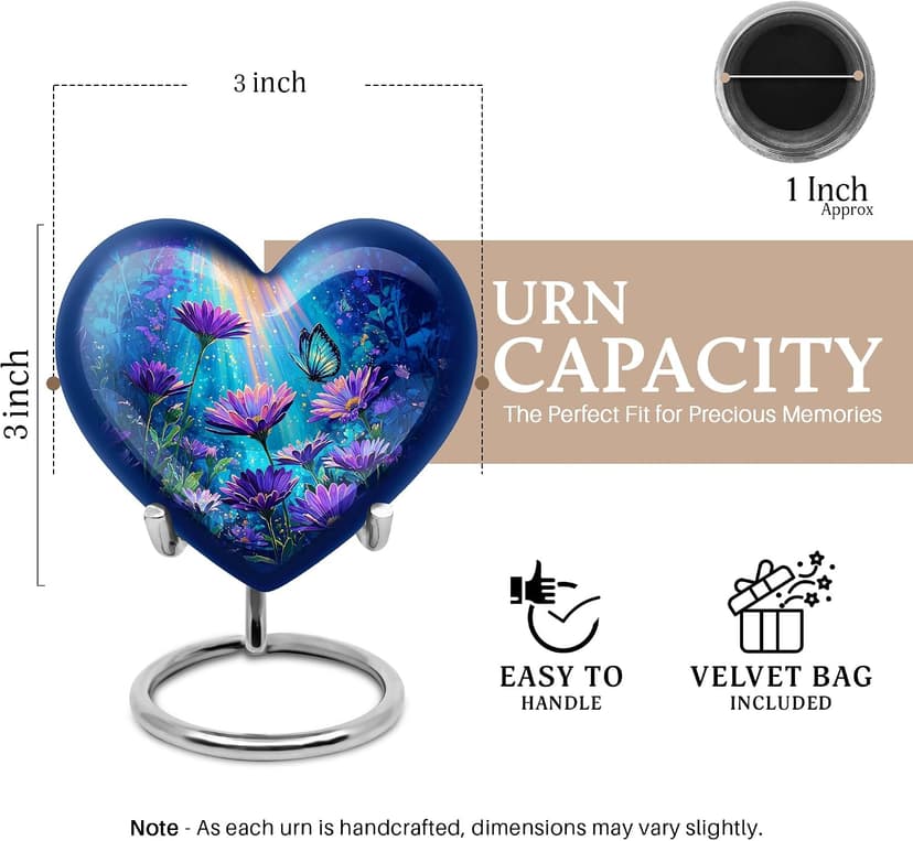 Daisy Bloom Funeral Keepsake for Men & Women - Memorial Gift for Mom & Dad - Urns for Human Remains - Burial Urns for Adult Ashes Husband - Heart Shape - Small Keepsake 3 Inch - Pack of 1 B0FV8W29L6