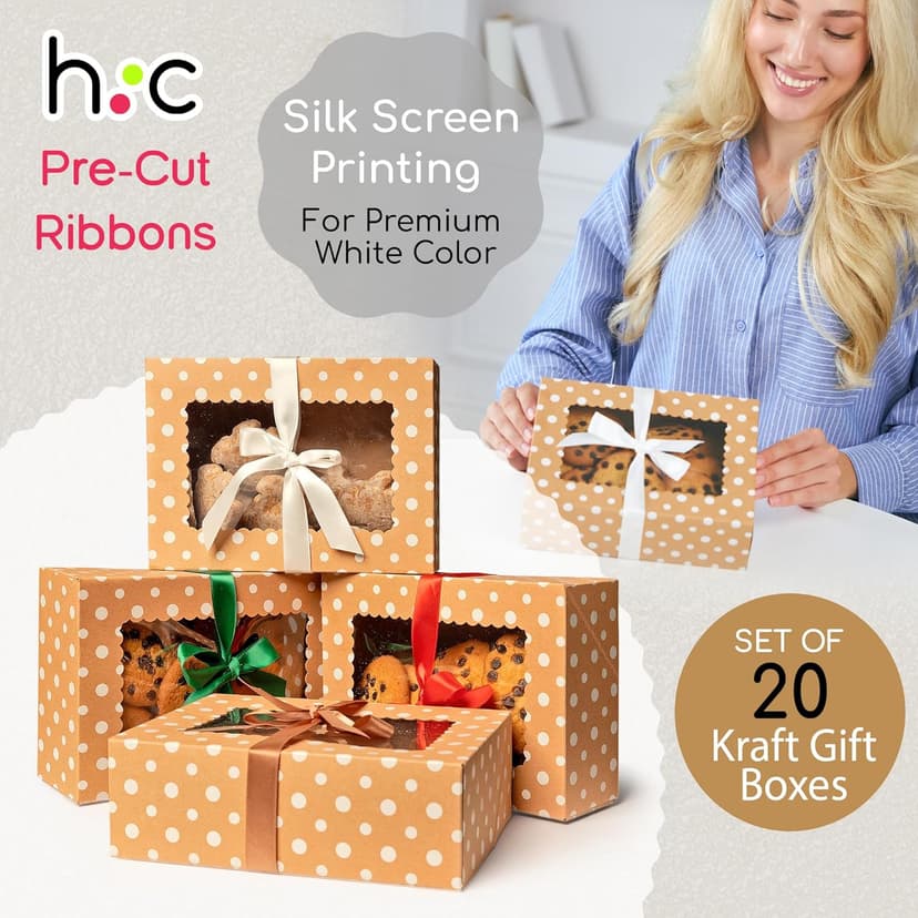 Brown Kraft Cookie Boxes with Ribbons & Window (20 Pack) 8.3 x 6 x 2.8” Food Grade Cardboard Bakery Gift Boxes for Christmas Gift Giving, Baked Goods, Candy Treats, Decorative Holiday Packaging, Empty