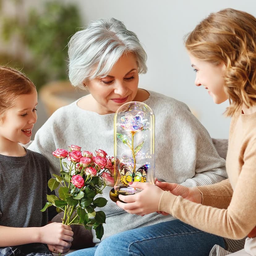 Birthday Gifts for Women Mom, Galaxy Glass Rose Forever Eternal Crystal Flower Light Up Rose in Glass Dome with Butterfly Mothers Day Christmas Rose Gifts for Her Wife Daughter Friends Colorful