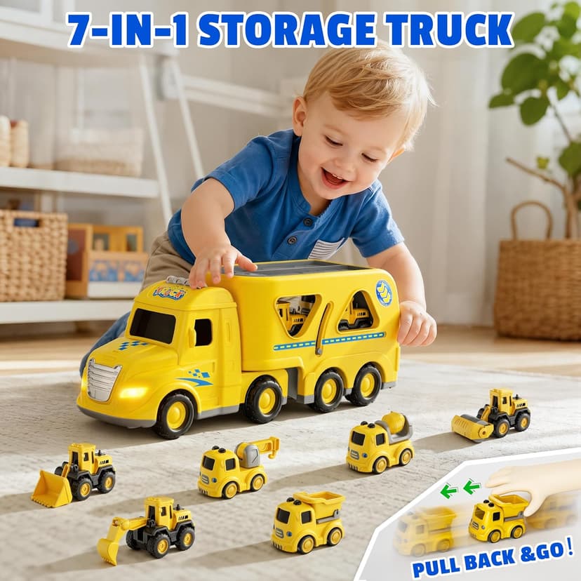 Transport Carrier Vehicle Toddler Toy with Light & Music, Excavator Dump Truck Bus Kids Gift for Boys and Girls (Yellow) Funwee 7-in-1 Construction Truck Toy w/ 6 Pull Back Cars & Track, Ages 1-5+ B0H9RSRFL7