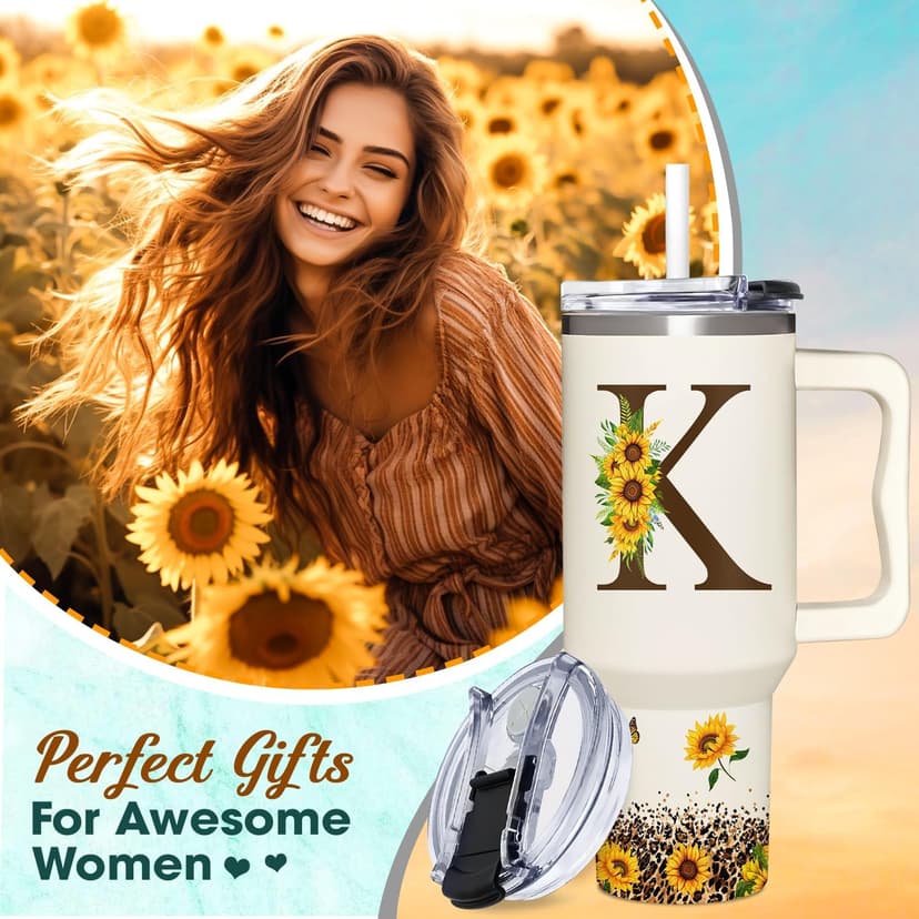 Personalized Birthday Gifts For Women - Sunflower Gifts For Women, Mom - Christmas Gifts For Womens, Mother's Day Gift For Mom, Boss - Monogrammed, Initial Tumbler Handle 40oz W Lids & Straws, K