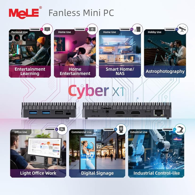 MeLE Fanless Mini PC N150 16GB RAM DDR4 512GB SSD,Win11 Pro Small Micro Desktop Computer Cyber X1,Dual HDMI,Support 4K Triple Display,USB 3.2x3,USB-C,WiFi5 BT5.1,Portable PC on Industrial Business