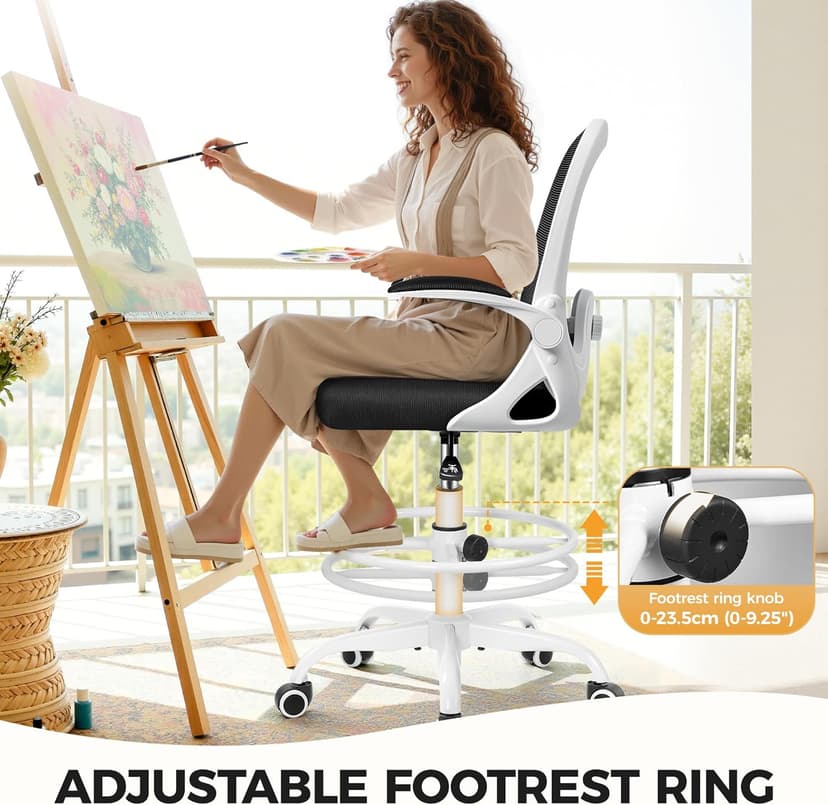 Primy Home Office Drafting Chair - Tall Desk Chair with Flip-up Armrests 3D Lumbar Support, Comfort Drafting Chair with Footrest for Standing Desk, High Chair for Bar Study Work