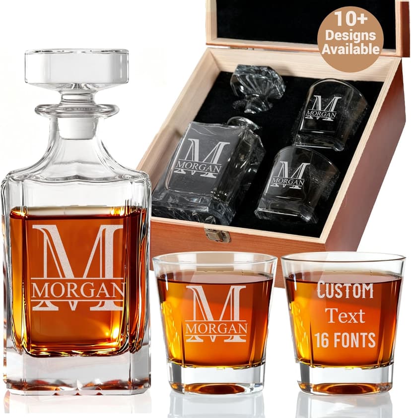 Personalized Whiskey Decanter, Custom Liquor Decanter 25oz, Engraved Whiskey Glass Set With Wood Gift Box Options, Whiskey Gifts for Men, Dad, Birthday, Retirement, Wedding (Square Decanter)