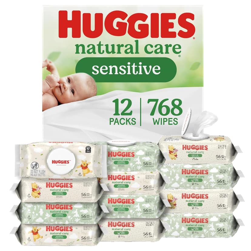 Huggies Natural Care Sensitive Baby Wipes, Unscented, Hypoallergenic, 99% Purified Water, 12 Flip-Top Packs (768 Wipes Total), Packaging May Vary B07SCL613T