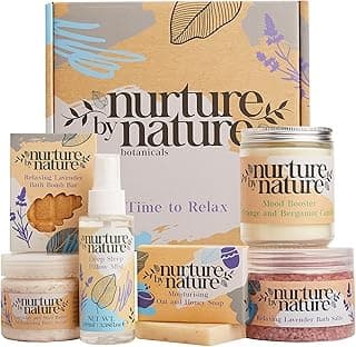 NURTURE BY NATURE Relax & Calm Christmas Gift Basket – Spa Gifts for Women with Bath Bomb, Hand Cream, Lavender Pillow Mist & Scented Candle - Vegan - Stocking Stuffers, Holiday Gifts, Gifts for Mom