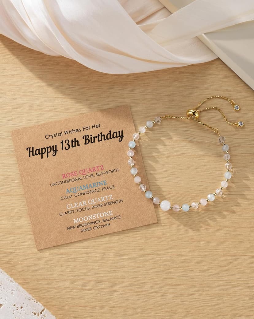 HGDEER Natural Crystal Bracelet 13th 16th Birthday Gifts for Girls - Rose Quartz Moonstone Aquamarine Healing Stones Jewelry with Meaning Card for Daughter Granddaughter