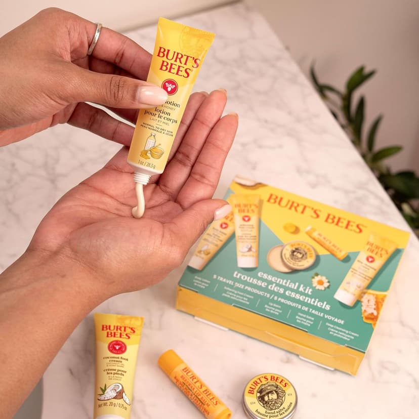 Burt's Bees Christmas Gifts - Essentials Everyday Set, 5 Travel Size Products for Stocking Stuffers - Deep Cleansing Cream, Hand Salve, Body Lotion, Foot Cream and Original Lip Balm