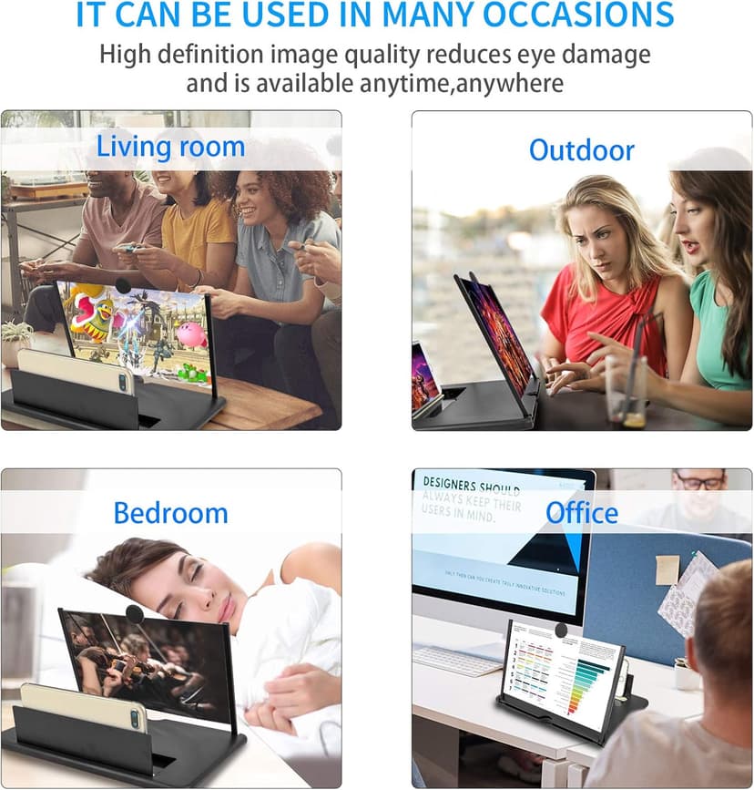 14 inch Screen Magnifier for Cell Phone 3D Magnifier Screen Enlarger for Movies,Videos,Reading,Gaming-Screen Amplifie with Foldable Phone Stand Holder.Compatible with All Smartphones -Black