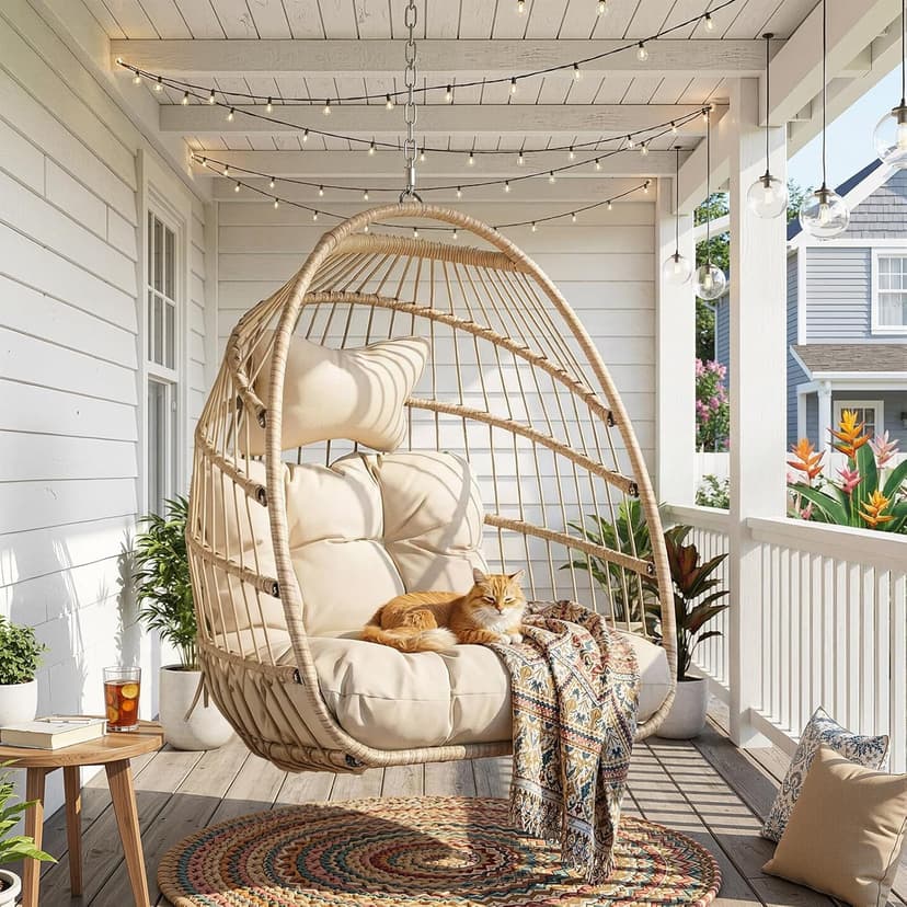 Nicesoul Outdoor Hanging Egg Chair Without Stand, Patio Wicker Swing Egg Basket Chairs with Padded Cushion, 350 Lbs Comfy Cozy Ceiling Tree Swinging Egg-Shaped Chair No Stand for Indoor Balcony, Beige