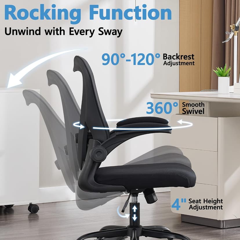 Office Chair, Ergonomic Office Chair with Back Support, Comfy Home Office Desk Chairs with Lumbar Support & Flip-up Armrests, 330LBS Mesh Computer Executive Task Chair for Home Office, Black