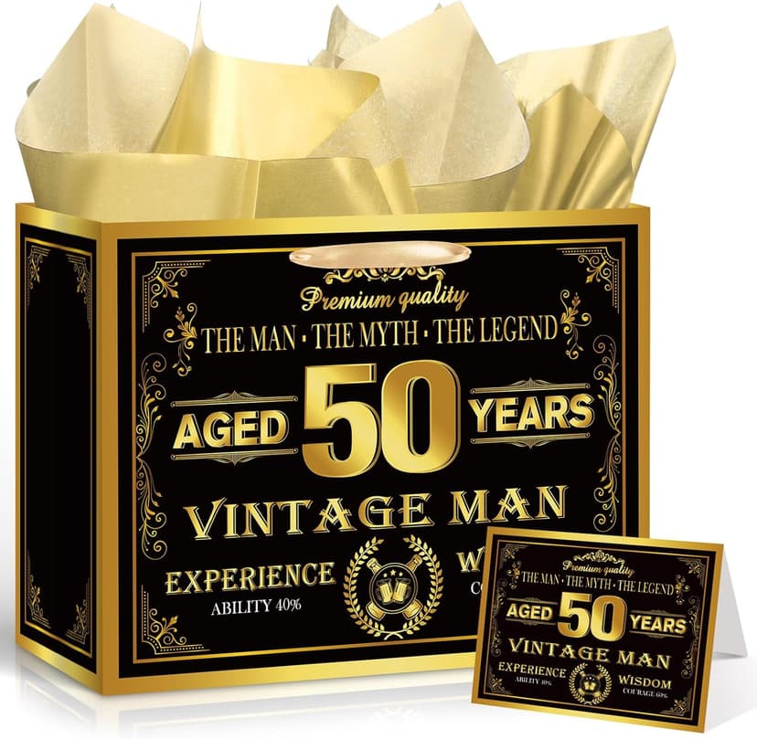 Vintage 50th Birthday Gift Bag for Men with 50th Wrapping Paper and Card Black Gold 1976 Birthday Gift Wrap Treat Bags for Vintage Men Aged 50 Years Old Bday Anniversary Party Supplies Decorations