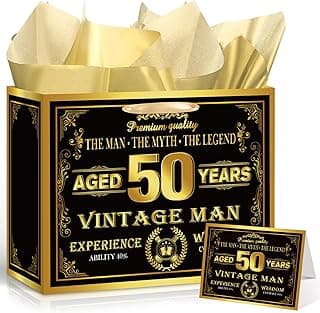 Vintage 50th Birthday Gift Bag for Men with 50th Wrapping Paper and Card Black Gold 1976 Birthday Gift Wrap Treat Bags for Vintage Men Aged 50 Years Old Bday Anniversary Party Supplies Decorations