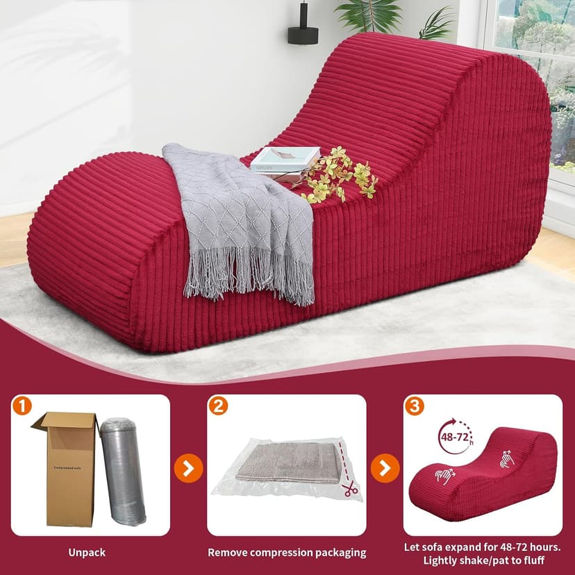 Rattaner Corduroy Chaise Lounge Chair Couch Indoor Boneless Oversized High-Density Sponge Soft Sofa, Red