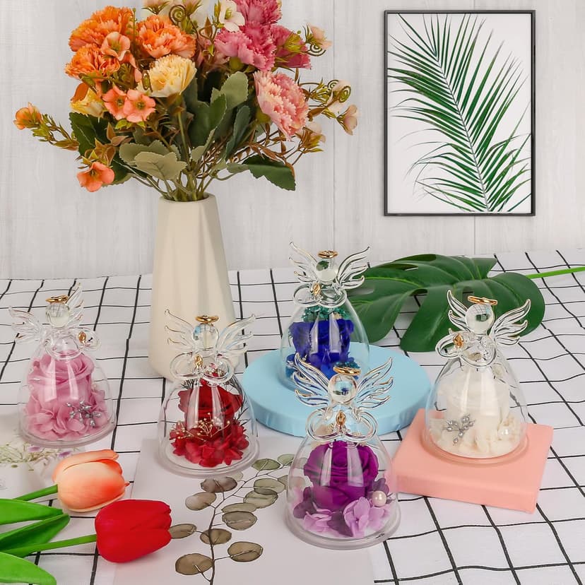 Christmas Rose Gifts for Women,Fresh Flowers for Delivery,Birthday Gifts for Women Mom,Preserved Flowers in Glass Angel Figurine,Angel Christmas Rose Gift for Grandma,Purple Gift Valentines